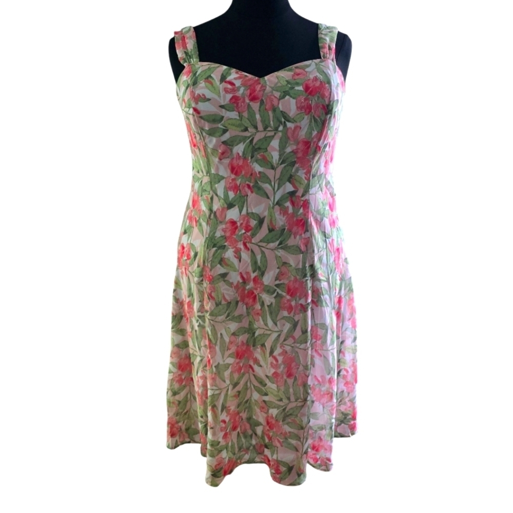 Connected Apparel Women's Plus Coral Green Floral Sundress Midi Dress 20W - Picture 4 of 6